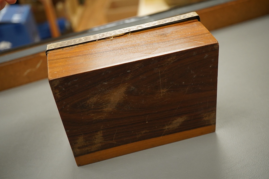 A silver mounted Peruvian box with enclosed Inca textile fragment, 15 x 11.5cm